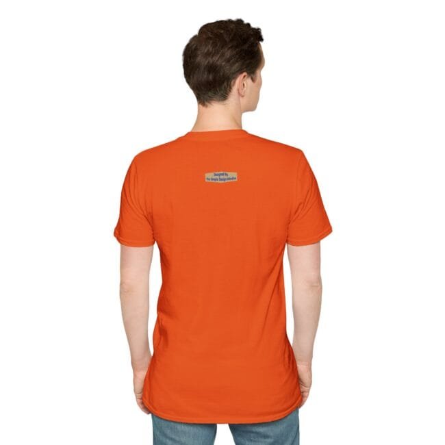 Back view of a person wearing an orange short-sleeve T-shirt; small rectangular label is on the upper back near the center.