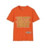 Orange T-shirt featuring gold glowing text: 'A PRINCESS IS A GIRL OR A WOMAN WHO CONSERVES HER ETHICS'. A small blue designer label is near the bottom right.