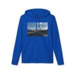 Blue hoodie with a front graphic: a highway scene and the text 'Walk For Your Health' across the image on the chest area.