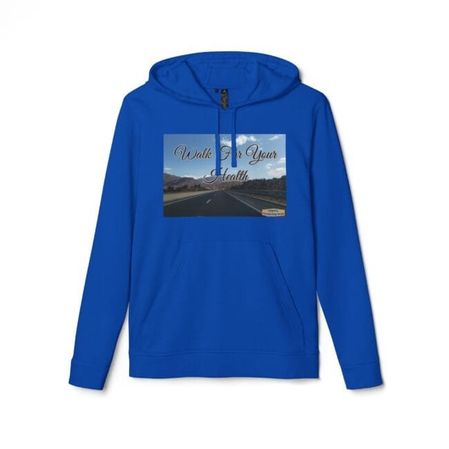 Blue hoodie with a front graphic: a highway scene and the text 'Walk For Your Health' across the image on the chest area.