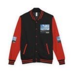 Black and red varsity jacket shown from the front, with red sleeves, striped cuffs, and patches reading 'Walk For Your Health' on chest and sleeves.