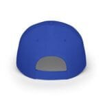 Back view of a blue baseball cap with an adjustable fabric strap.