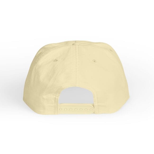 Back view of a beige baseball cap with an plastic adjustable strap and holes.