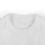Close-up of a light gray crew-neck T-shirt fabric and collar.