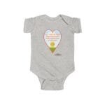 Gray infant onesie with a large heart graphic containing the message: ‘Let me sleep and do not disturb me, please’ and a small sun over green hills.