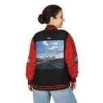 Back view of a black and red varsity jacket featuring a large photo print on the back with a highway scene and the words 'Walk For Your Health' in script. The sleeves are red with black accents.