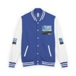 Blue and white varsity jacket with white sleeves, striped cuffs and collar, front buttons, and a chest patch showing a scenic road image labeled 'Walk For Your Health'.