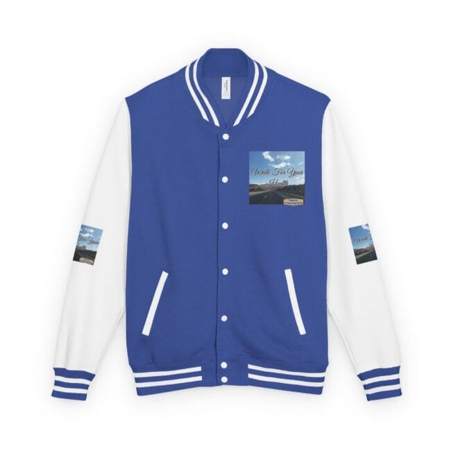 Blue and white varsity jacket with white sleeves, striped cuffs and collar, front buttons, and a chest patch showing a scenic road image labeled 'Walk For Your Health'.