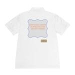 Back view of a white polo shirt showing a pastel gray decorative frame with orange slogan: 'Continuous learning is improving your culture's mindset' and a small beige designer label underneath.