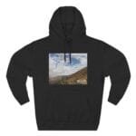 Black hoodie featuring a nature landscape print on the chest with the phrase “Keep calm and increase your concentration”.
