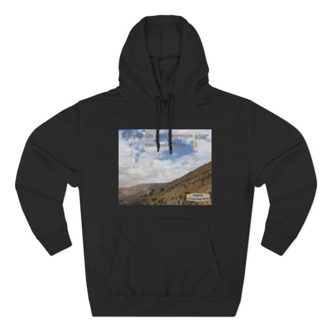 Black hoodie featuring a nature landscape print on the chest with the phrase “Keep calm and increase your concentration”.
