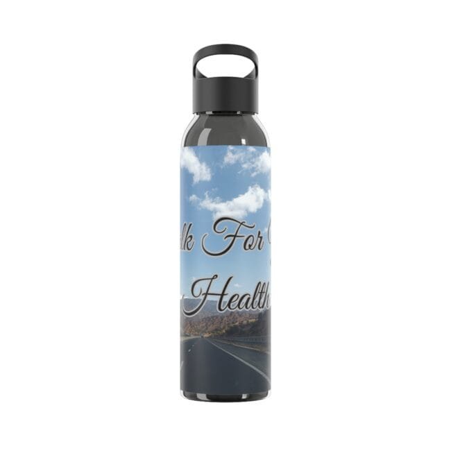 Reusable water bottle with a sky-and-road landscape label that reads 'Talk For Health'.