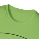 Close-up of a lime green T-shirt neckline with a partial black curved stripe