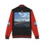 Black and red varsity jacket with a large back panel showing a road into the mountains and the script 'Walk For Your Health'.