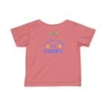 Pink short-sleeve T-shirt with blue text reading “Take care of my parents” and small label at the upper back area.