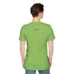 Back view of a person wearing a lime green T-shirt with a small blue print on the upper back.