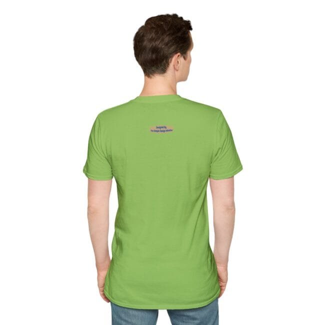 Back view of a person wearing a lime green T-shirt with a small blue print on the upper back.