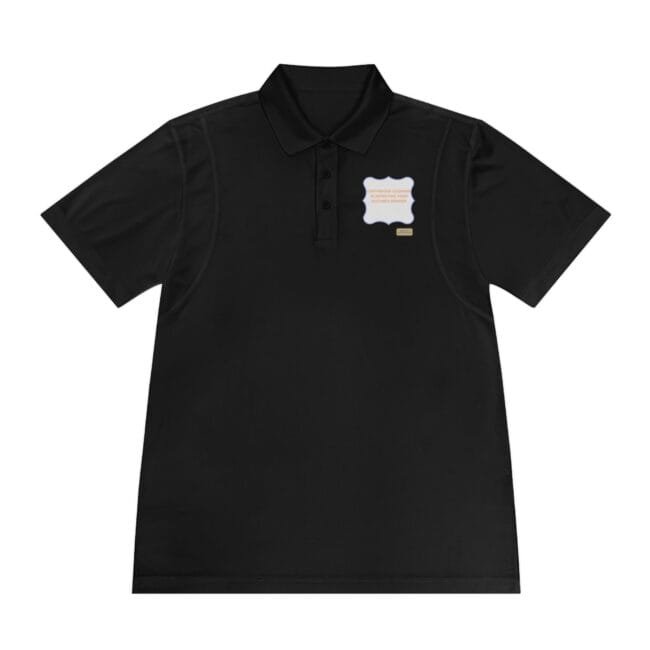 Black polo shirt with a small light-blue scalloped patch on the left chest containing orange text.