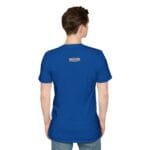 Back view of a person wearing a royal blue T-shirt with a small label on the upper back.
