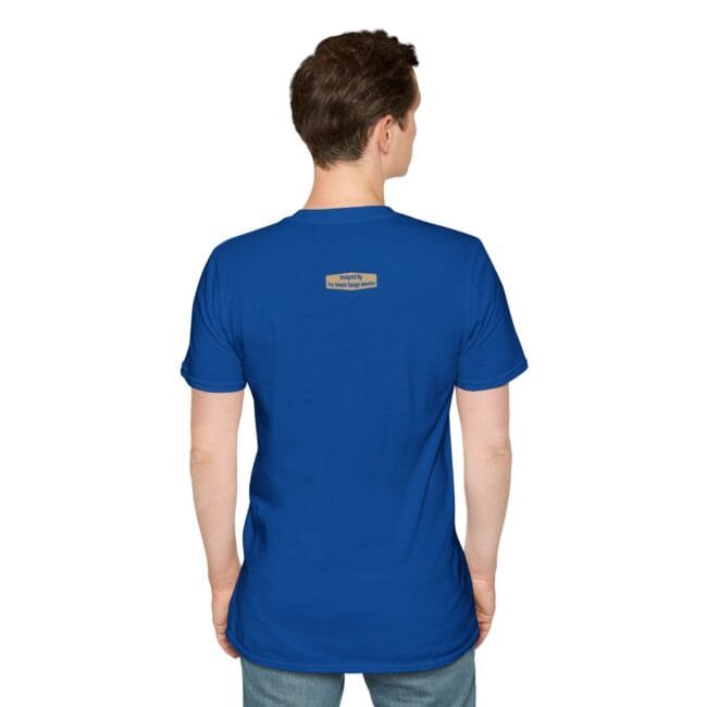 Back view of a person wearing a royal blue T-shirt with a small label on the upper back.