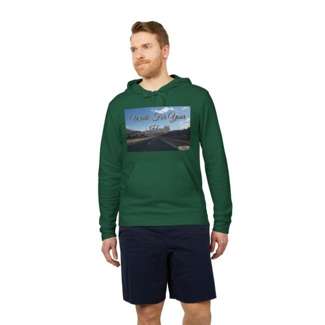 Man wearing a green hoodie with a graphic that reads 'Walk For Your Health' on the chest, standing in a neutral pose.
