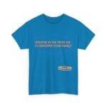 Blue T-shirt featuring an orange slogan: 'BREATHE IN THE FRESH AIR TO EMPOWER YOUR ENERGY' centered inside a purple decorative frame.