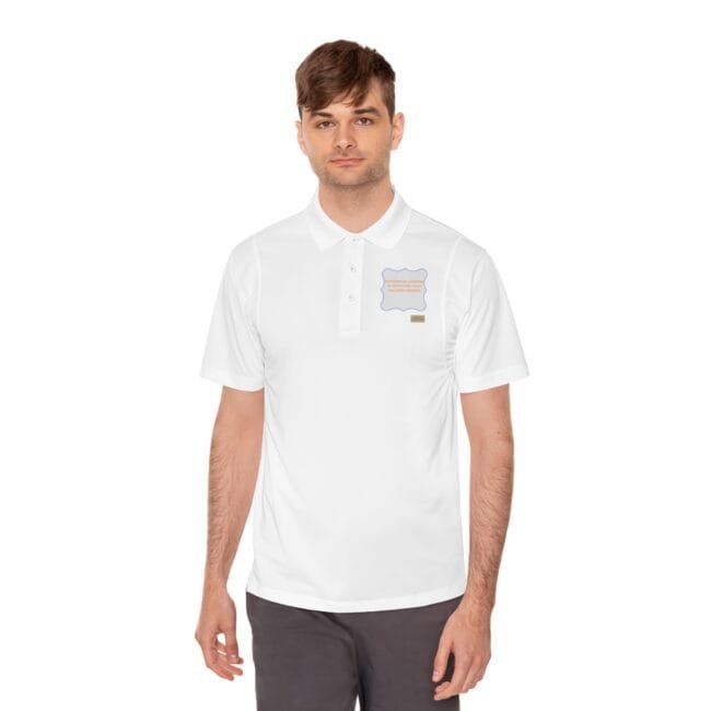 Young man modeling a white polo shirt with a small badge/logo on the left chest.
