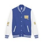 Blue and white varsity jacket with striped collar and cuffs, featuring yellow text patches on the chest and sleeves.