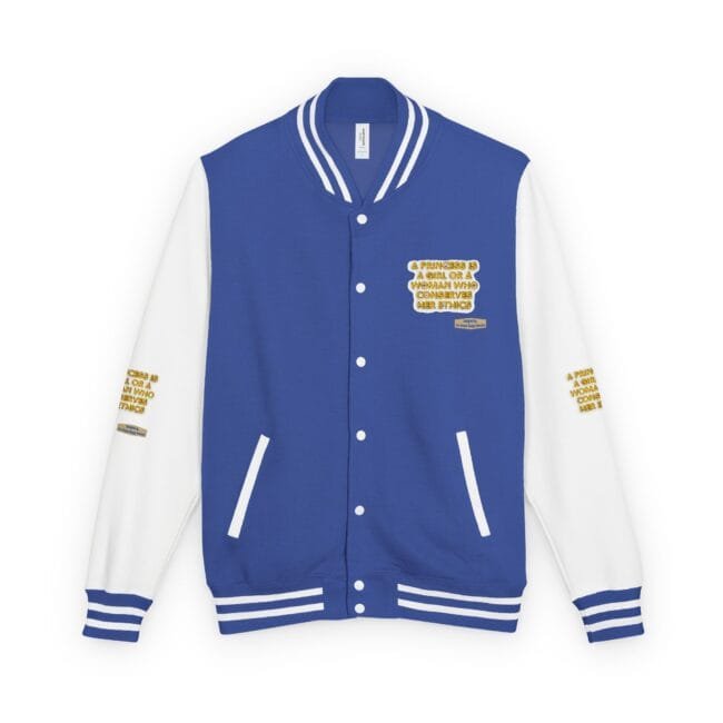 Blue and white varsity jacket with striped collar and cuffs, featuring yellow text patches on the chest and sleeves.