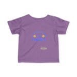 Purple toddler T-shirt with blue text reading 'Take care of my parents' and small designer label near the hem, flanked by winking face emojis.