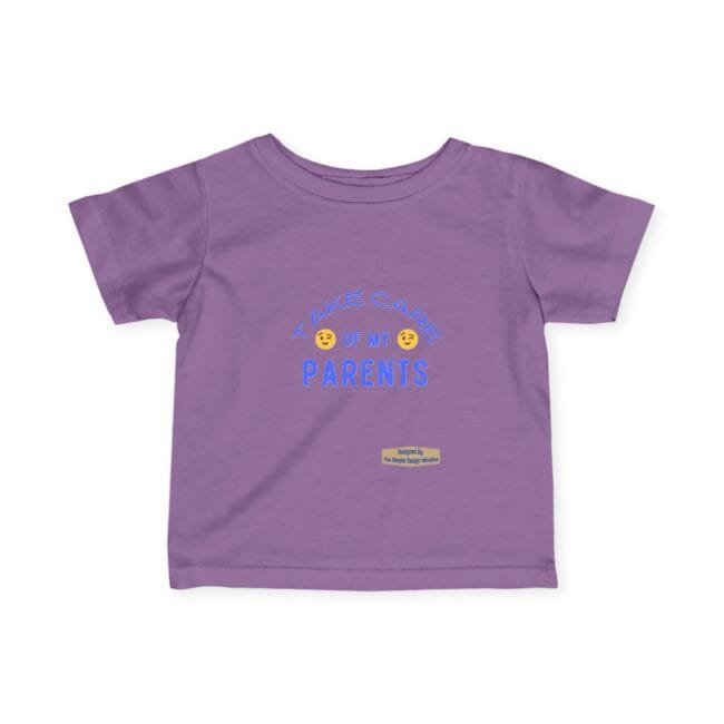 Purple toddler T-shirt with blue text reading 'Take care of my parents' and small designer label near the hem, flanked by winking face emojis.