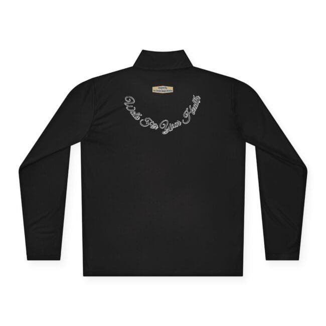 Back view of a black long-sleeve shirt with curved white script text across the upper back and a small beige label at the collar area.