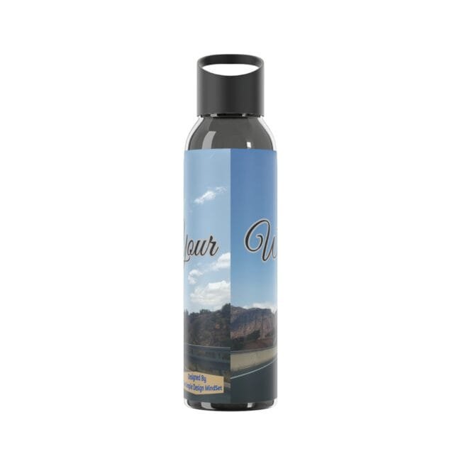 Water bottle with a split blue label showing sky, mountains, and the text 'Your World' across the label.