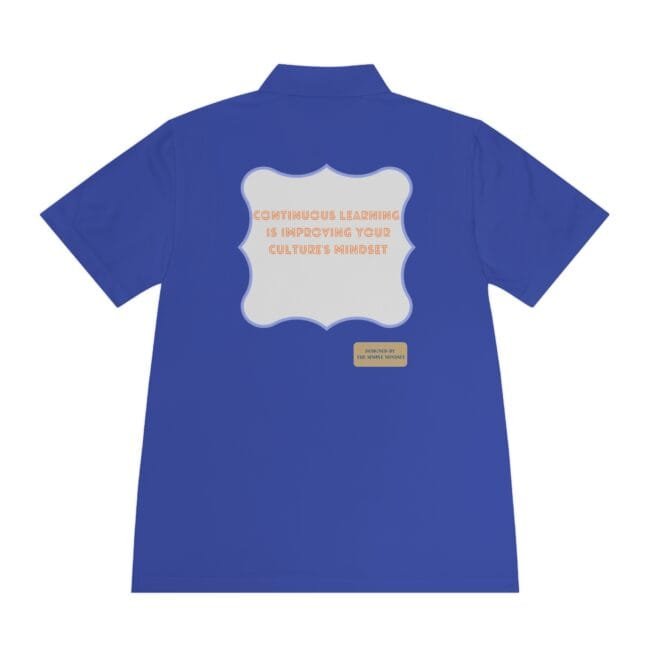 Blue shirt with a gray scalloped back panel bearing the text 'Continuous learning is improving your culture's mindset'.