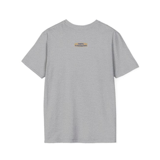 Light gray T-shirt viewed from the back with a small orange tag at the upper center back near the neck containing blue text.