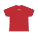 Back view of a plain red short-sleeve T-shirt with a small label at the upper back neckline.