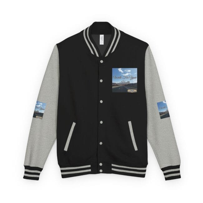 Black and gray varsity jacket with striped cuffs and collar, featuring a small poster patch on the left chest showing a road and text 'Walk For Your Health'.