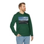 Man modeling a green hoodie with a chest graphic reading 'Walk For Your Health' over a road landscape image