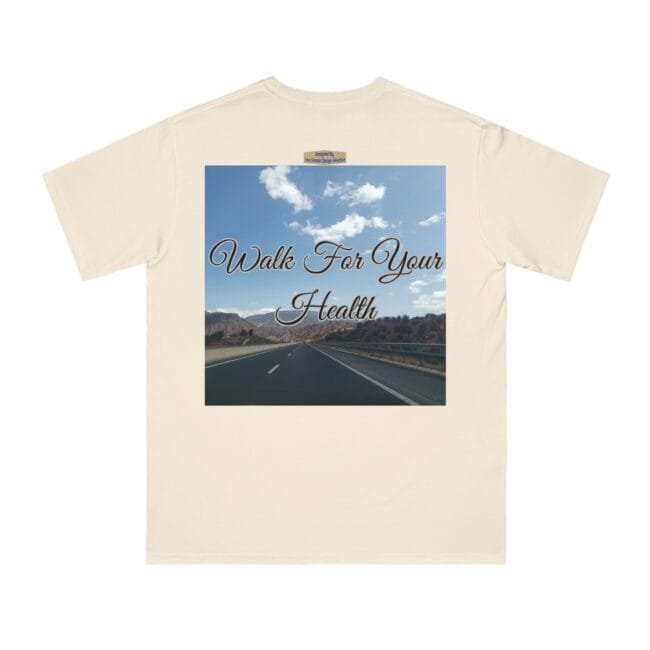 T-shirt design featuring a road landscape with blue sky and white clouds, overlaid by the cursive phrase 'Walk For Your Health'.