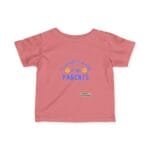 Pink toddler T-shirt featuring blue text 'Take care of my parents' with smiley emojis and a small label at the hem.