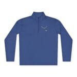 Blue long-sleeve pullover with a high collar and zipper, small decorative emblem on the left chest.