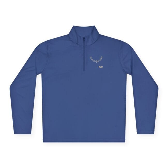 Blue long-sleeve pullover with a high collar and zipper, small decorative emblem on the left chest.