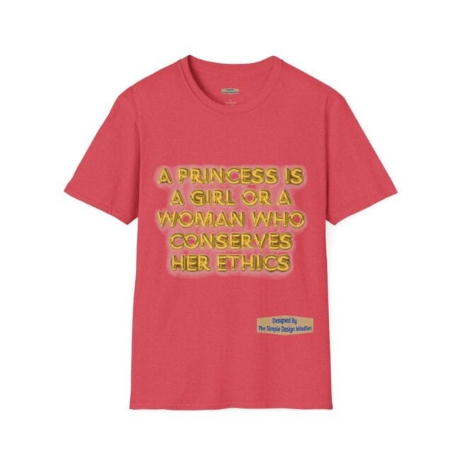Pink T-shirt with bold gold text reading: 'A PRINCESS IS A GIRL OR A WOMAN WHO CONSERVES HER ETHICS' on the front.