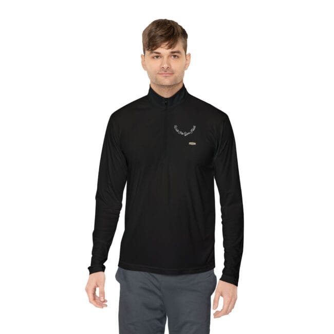 Man wearing a black long-sleeve athletic shirt with a small emblem on the left chest. Model is shown from the waist up against a white background.