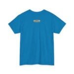 Back view of a bright blue T-shirt with a small beige label at the upper back reading 'Designed by The Simple Design Mindset'.
