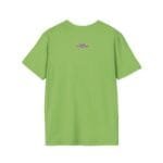 Back view of a lime green T-shirt with a small rectangular label near the neck on the upper back area