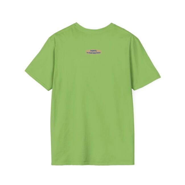 Back view of a lime green T-shirt with a small rectangular label near the neck on the upper back area