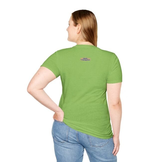 Back view of a woman wearing a lime green t-shirt and blue jeans; small label on upper back.