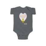 Gray baby onesie with a large heart graphic containing the text 'Let me sleep and do not disturb me, please' over a sun and hill scene.