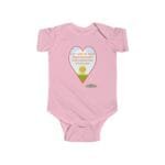 Pink baby onesie with a heart-shaped graphic reading 'Let me sleep and do not disturb me, please' and a sun over hills.